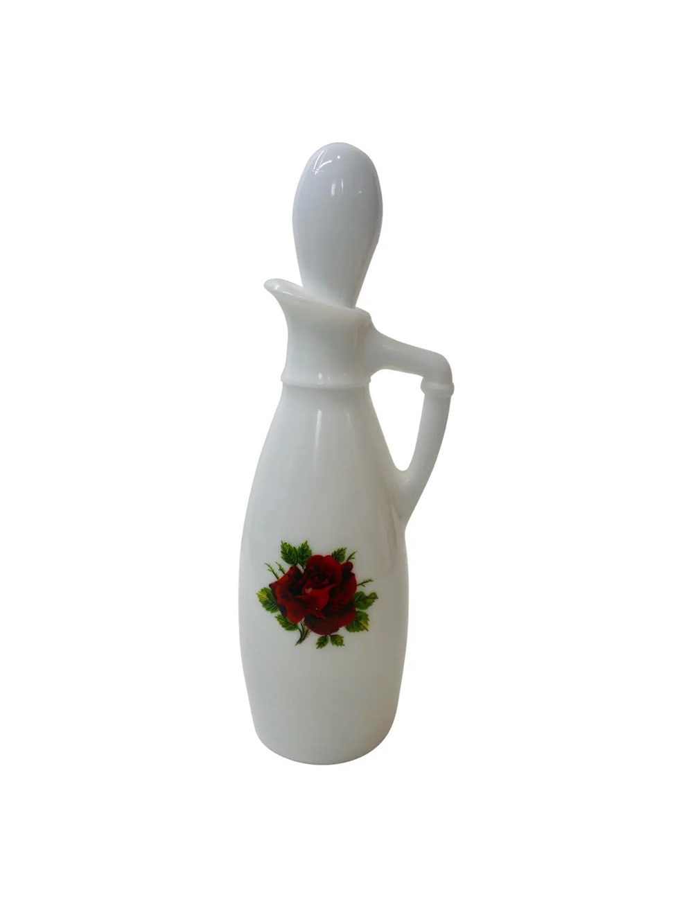 Mid-Century Federal Glass 6.5” "Rosecrest" Milk Glass Cruet With Original Stoppe